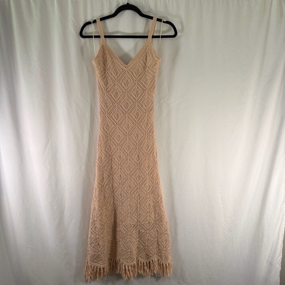 Pink Lily Dress Women's Small Beige Knit Sleevless Vneck Tassels Pullover